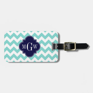 Turq / Aqua Wht Chevron Navy 3 Anfangsmonogramm Gepäckanhänger