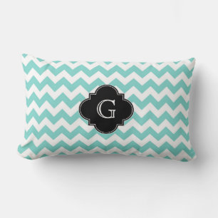 Turq / Aqua Wht Chevron Schwarz Vierpass Monogramm Lendenkissen