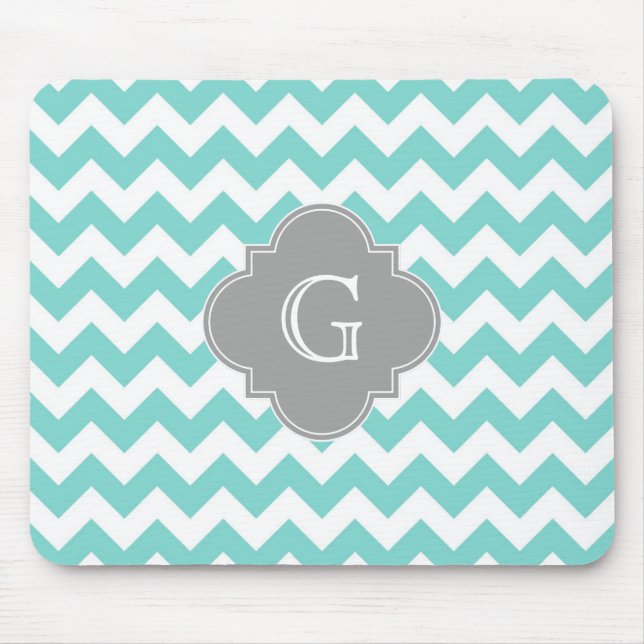 Turq/Aqua Zickzack-Graues Quatrefolienmonogramm Mousepad (Vorne)