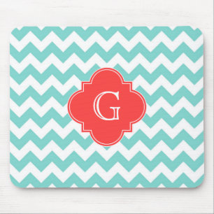 Turq/Aqua, Zickzack Korallenquatrefolienmonogramm Mousepad