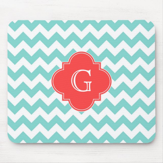 Turq/Aqua, Zickzack Korallenquatrefolienmonogramm Mousepad (Vorne)