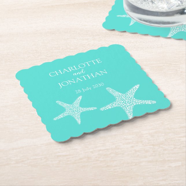 Turqoise Modern Tropical Starfish Beach Hochzeit Untersetzer (angewinkelt)