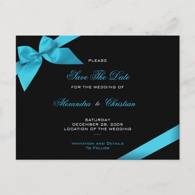 Turqoise Ribbon Wedding Save the Date 4 Ankündigungspostkarte (Vorderseite)