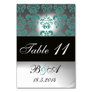 TURQUOISCH AQUA BLUE SCHWARZ-WEISS DAMASK MONOGRAM TISCHNUMMER