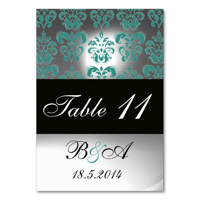 TURQUOISCH AQUA BLUE SCHWARZ-WEISS DAMASK MONOGRAM TISCHNUMMER (Vorderseite)