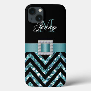 TURQUOISCH SCHWARZ ZICKZACK GLITZER MÄDLICH iPhone 13 HÜLLE