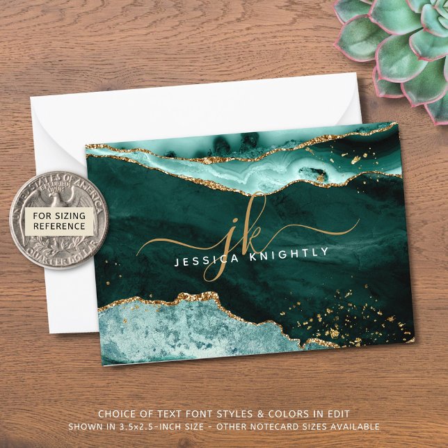 Turquoise Agate Geode Gold Glitzer Script Monogram Mitteilungskarte (Von Creator hochgeladen)