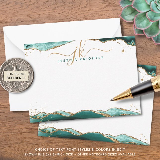 Turquoise Agate Geode Script Monogram Gold Glitzer Mitteilungskarte (Von Creator hochgeladen)