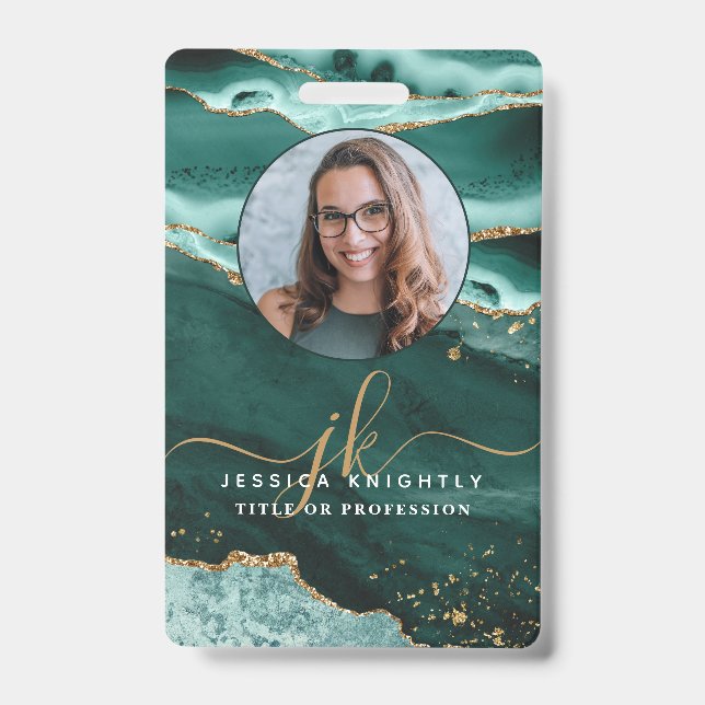 Turquoise Agate Gold Glitzer Script Monogram Foto Ausweis (Vorderseite)