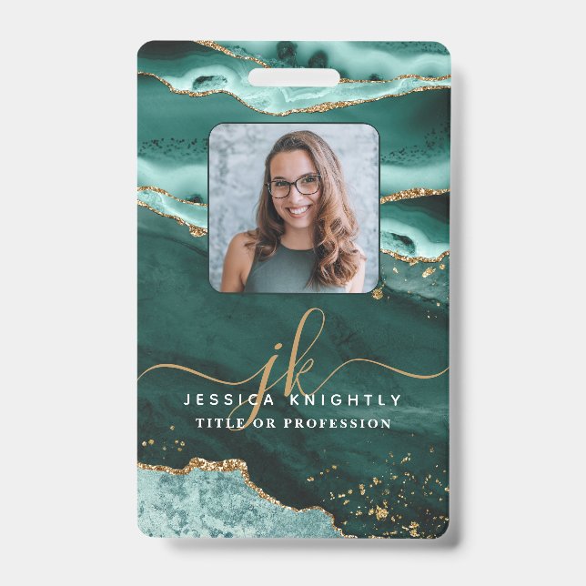 Turquoise Agate Gold Glitzer Script Monogram Foto Ausweis (Vorderseite)