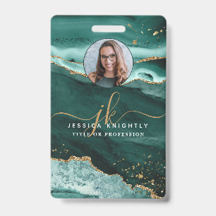 Turquoise Agate Gold Glitzer Script Monogram Foto Ausweis