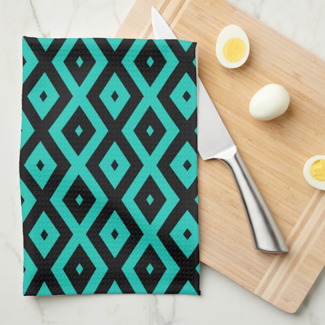 Turquoise and black diamond pattern geschirrtuch (Viertel Falte)