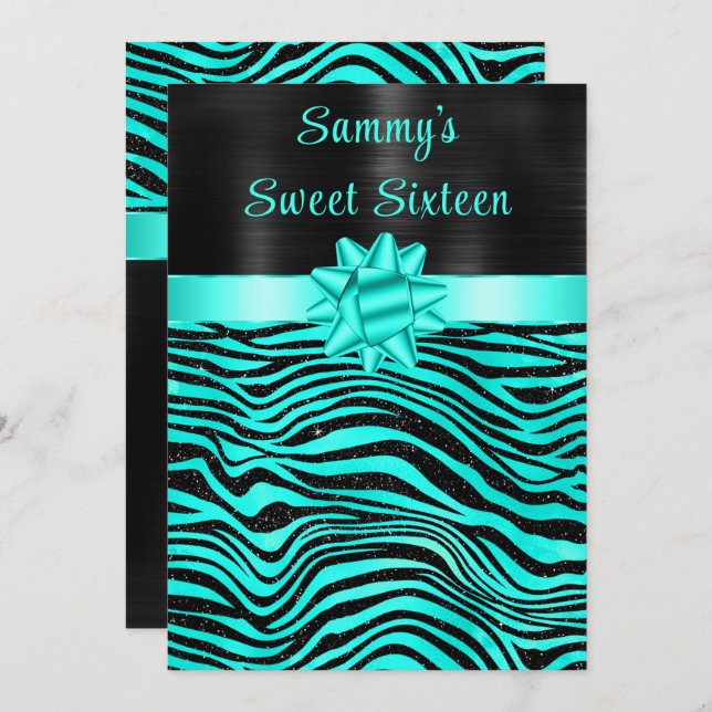 Turquoise and Black Zebra Stripes Sweet Sixteen Einladung (Vorne/Hinten)
