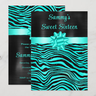 Turquoise and Black Zebra Stripes Sweet Sixteen Einladung