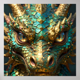 Turquoise and Gold Dragon Face Poster