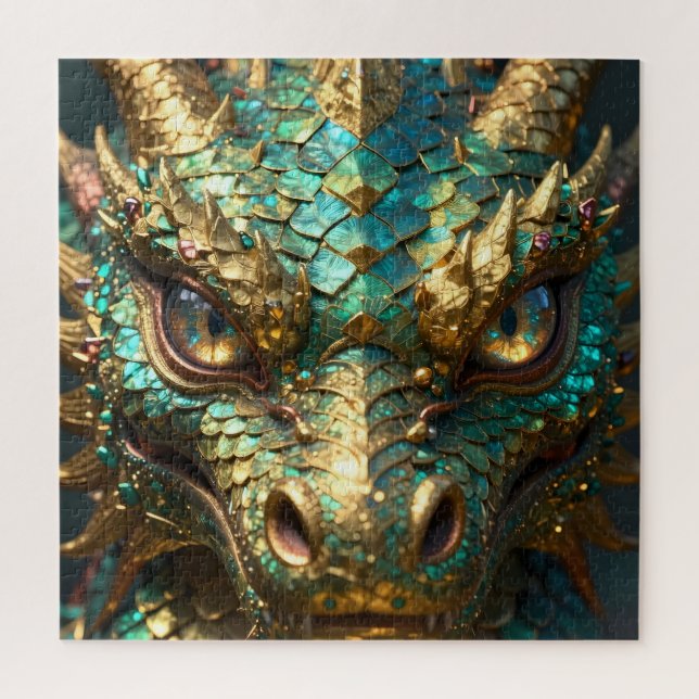 Turquoise and Gold Dragon Face Puzzle (Vertikal)