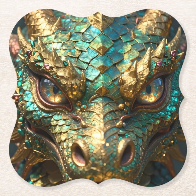 Turquoise and Gold Dragon Face Untersetzer (Vorderseite)
