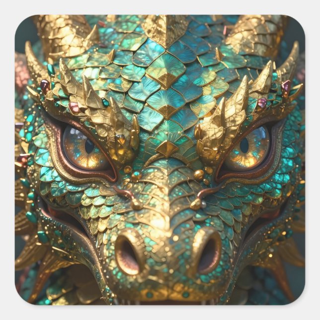 Turquoise and Gold Dragon  Quadratischer Aufkleber (Vorderseite)