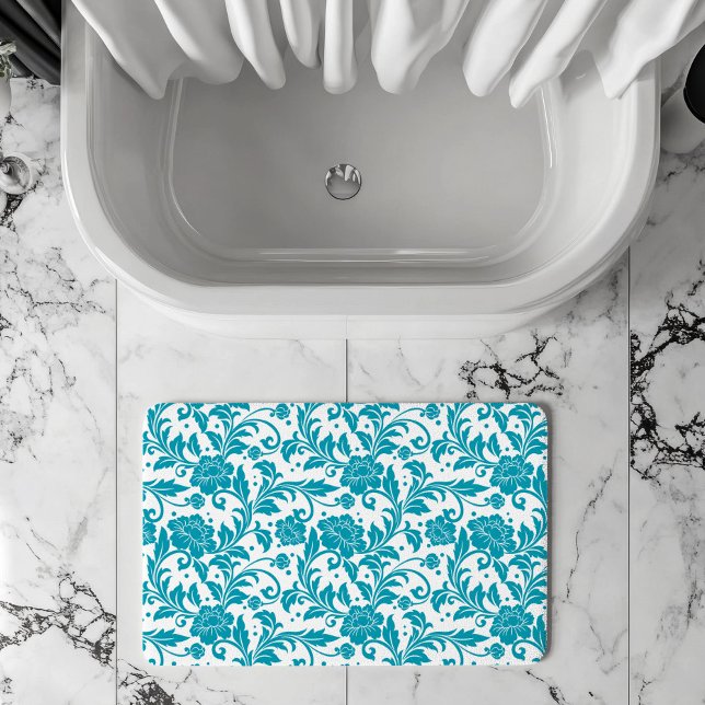 Turquoise and White Floral Damask Pattern Badematte (Von Creator hochgeladen)