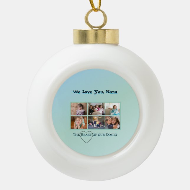 Turquoise Aqua 6-Photo Family Tribute Keramik Kugel-Ornament (Vorderseite)