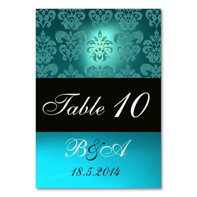TURQUOISE AQUA BLUE BLACK CLASSY DAMASK MONOGRAMM TISCHNUMMER (Rückseite)