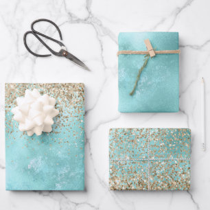Turquoise Aqua Gold Glam Glitzer Sparkone Geschenkpapier Set
