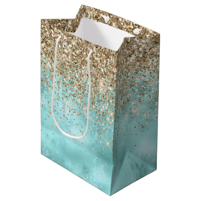 Turquoise Aqua Gold Glam Glitzer Sparkone      Mittlere Geschenktüte (Vorderseite Schrägansicht)