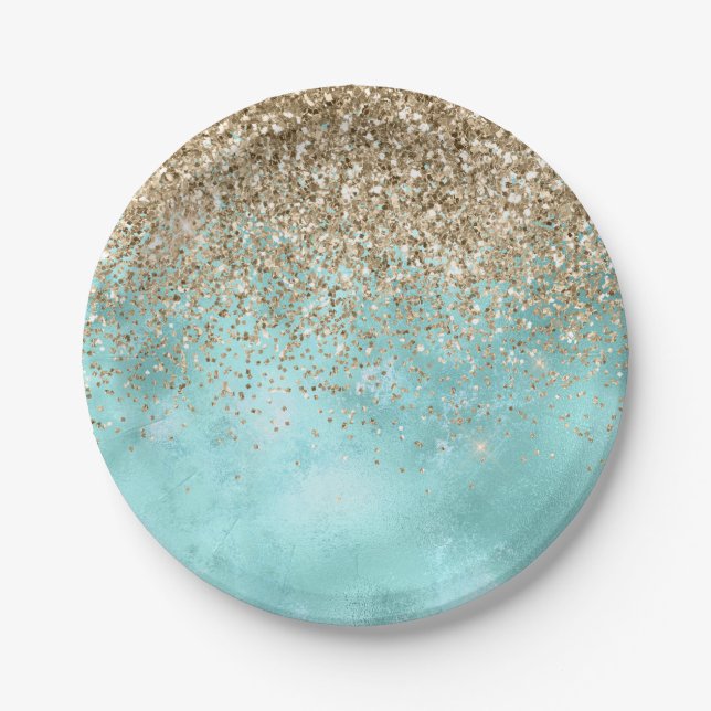 Turquoise Aqua Gold Glam Glitzer Sparkone      Pappteller (Vorderseite)