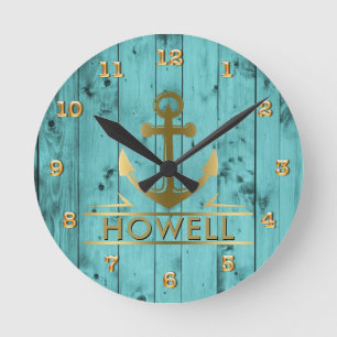 Turquoise Barn Wood Teal Woodgrain Nautical Anchor Runde Wanduhr