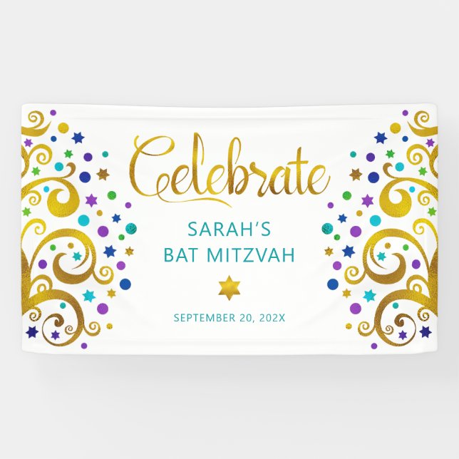 Turquoise Bat Mitzvah Gold Olivenweg Banner (Horizontal)