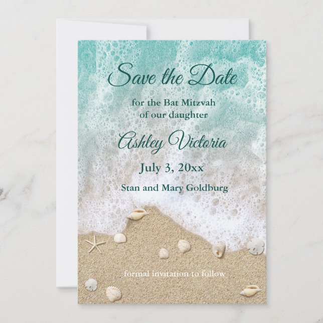 Turquoise Beach Waves Bat Mitzvah Save the Date Einladung (Vorderseite)