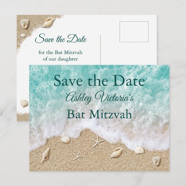 Turquoise Beach Waves Bat Mitzvah Save the Date Einladungspostkarte (Vorne/Hinten)
