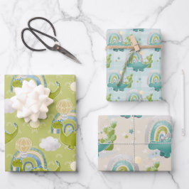 TURQUOISE BLAU GREEN DINOSAURS & RAINBOWS GESCHENKPAPIER SET