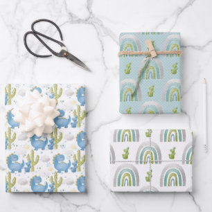 TURQUOISE BLAU GREEN DINOSAURS & RAINBOWS GESCHENKPAPIER SET