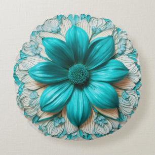 Turquoise Bloom Round Floral Charm Rundes Kissen