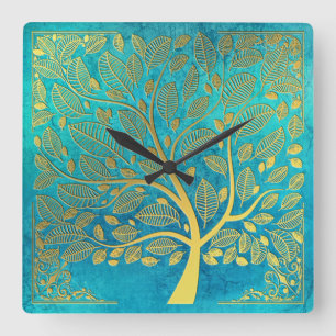 Turquoise Blue and Gold Tree Of Life Quadratische Wanduhr