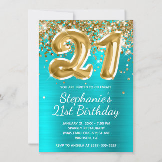 Turquoise Blue Gold Glitzer Ballon 21. Geburtstag Einladung