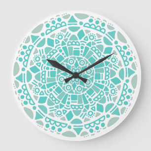 Turquoise Blue Mosaic Fresh White Boho Mandala Große Wanduhr