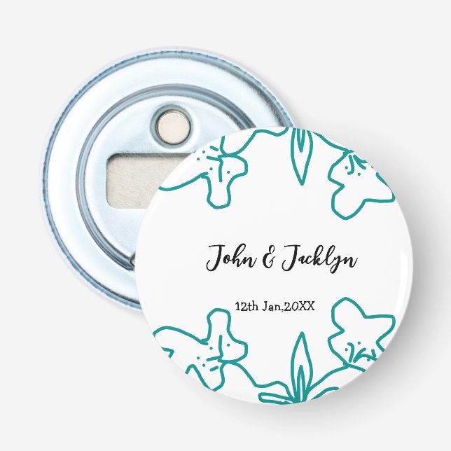 Turquoise blue wedding couple name date flstylish  flaschenöffner (Vorderseite)