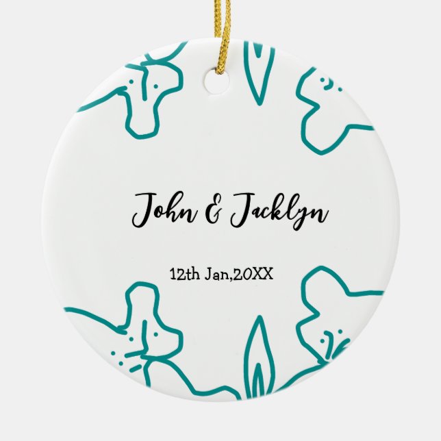 Turquoise blue wedding couple name date flstylish  keramik ornament (Vorne)