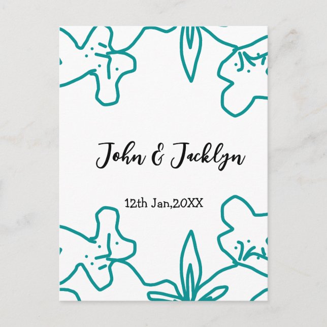 Turquoise blue wedding couple name date flstylish  postkarte (Vorderseite)