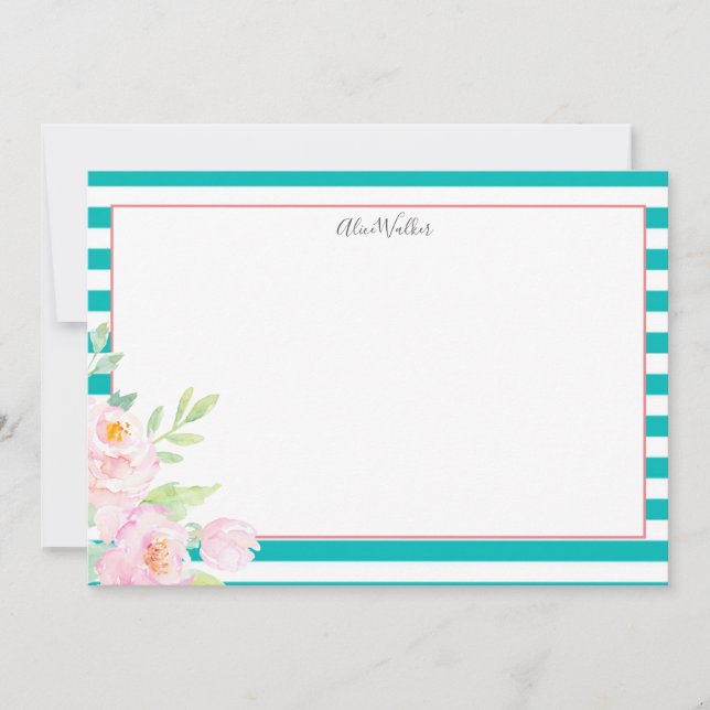 Turquoise Blush Peonies Stationery Mitteilungskarte (Vorderseite)