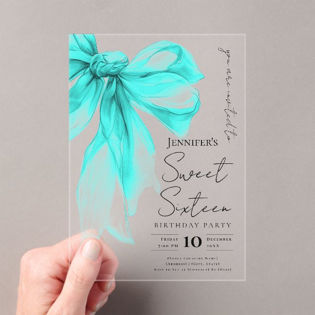 Turquoise Bow Coquette Script Sweet 16 Party Acryleinladungen (Insitu (Handheld))