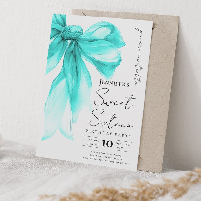 Turquoise Bow Coquette Script Sweet 16 Party  Einladung (Turquoise Bow Coquette Script Sweet 16 Party Invitation)