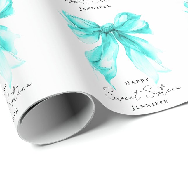 Turquoise Bow Coquette Script Sweet 16 Party  Geschenkpapier (Rolleneckpunkt)