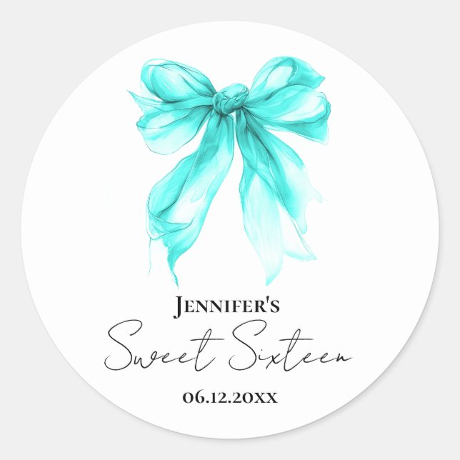Turquoise Bow Coquette Script Sweet 16 Party  Runder Aufkleber (Vorderseite)