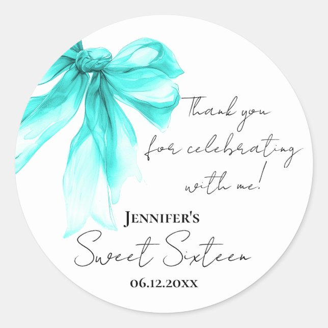 Turquoise Bow Coquette Script Sweet 16 Thank You  Runder Aufkleber (Vorderseite)