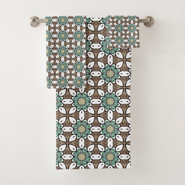 Turquoise, brown and white geometric mandala  badhandtuch set (Insitu)