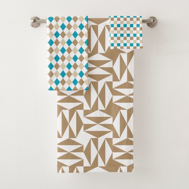 TURQUOISE BROWN & TAN PATTERN BADHANDTUCH SET (Insitu)
