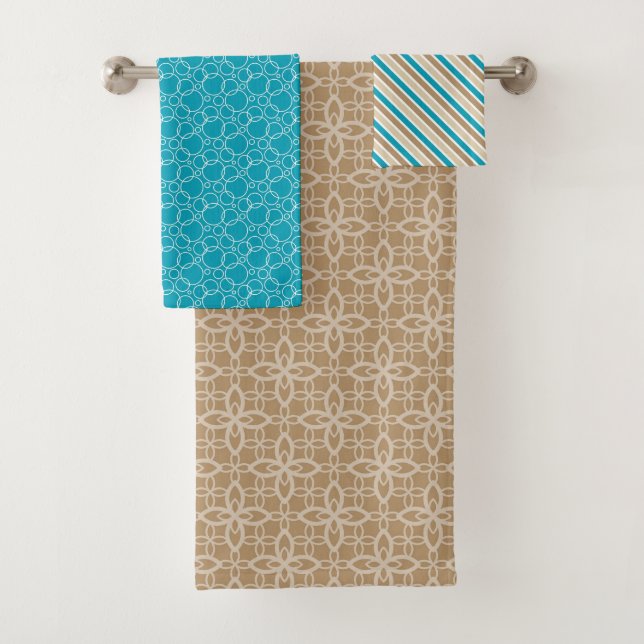 TURQUOISE BROWN & TAN STRIPES PATTER BADHANDTUCH SET (Insitu)